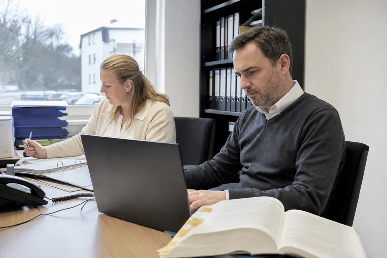 Laptop mit geordneten Vorgängen neben einer Gesetzessammlung im Maklerbüro