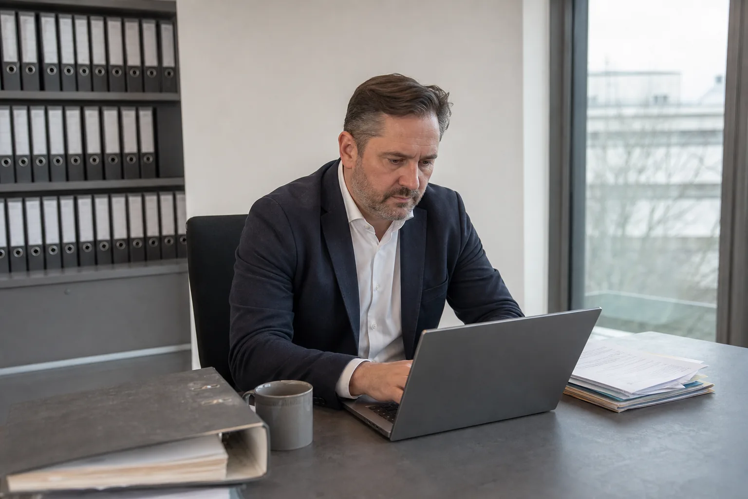 Makler prüft einen digitalen Vorgang am Laptop neben geordneten Unterlagen