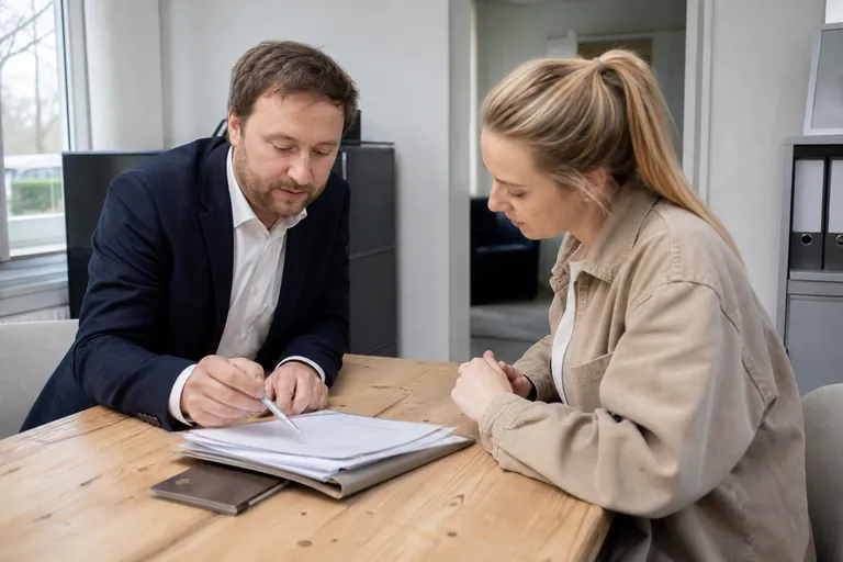Makler und Kundin prüfen Unterlagen zu einem Hauskauf am Besprechungstisch