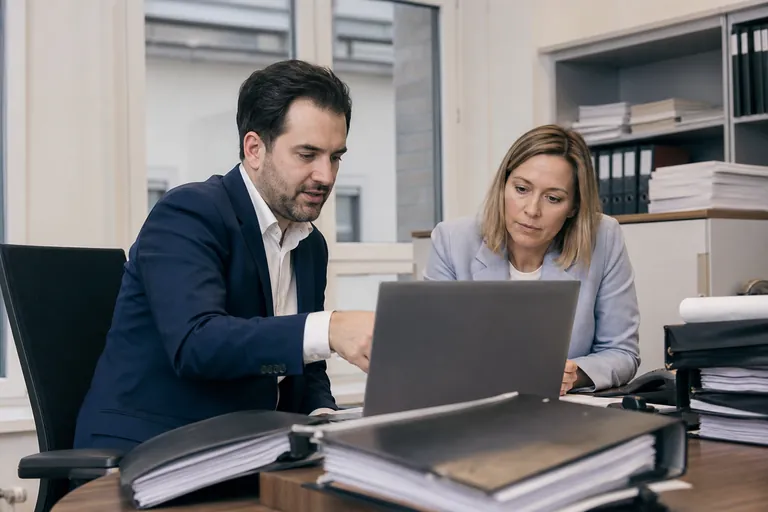 Makler und Kollegin besprechen einen strukturierten Vorgang am Laptop